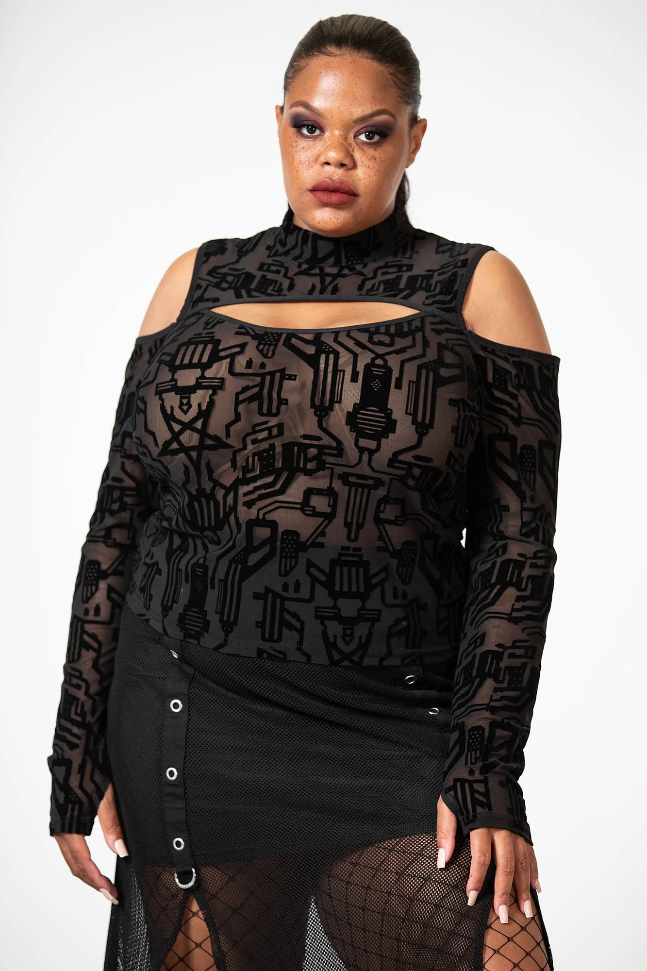 Tuned Out Mesh Cold Shoulder Top - Image 7
